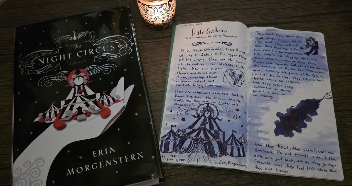 A hardcover book of The Night Circus by Erin Morgenstern next to a two-page spread in a notebook with handwritten quotes from the book decorated with an ink wash, ink swatch and nib stamp, sketches of details from the book all in Sailor Date Gokoro ink.