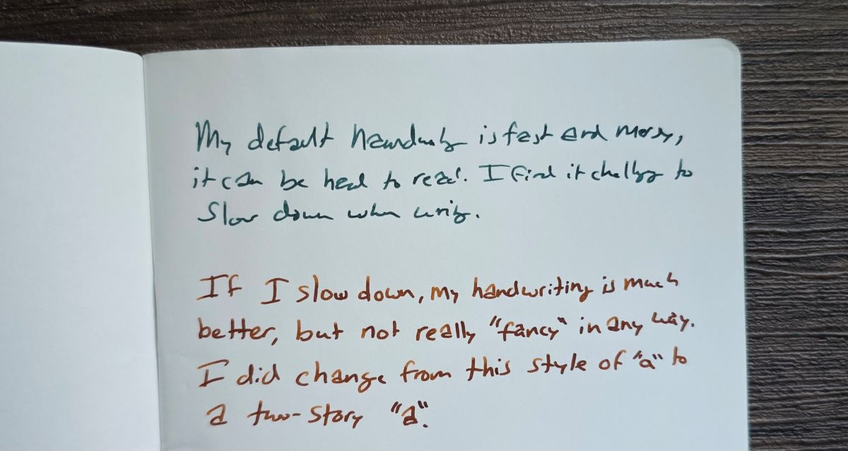 Two print handwriting samples, the first paragraph is fast and messy where some words are difficult to read, and in the second paragraph the individual letters are much more distinct but still not particularly even.