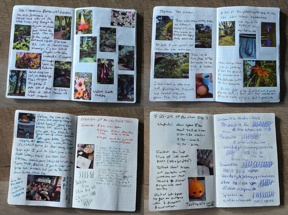 Collage of four photos of page spreads in a small pocket notebook with small photo stickers and handwriting documenting travel to gardens and a pen show.