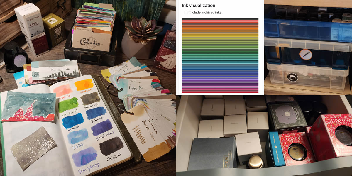 Collage showing ink swatching in notebooks and on Col-o-ring and Col-o-dex cards, a screenshot of the Fountain Pen Companion site ink collection visuallization of colors, stack of Really Useful Boxes with bottled ink, and an Ikea Alex drawer filled with ink bottles.