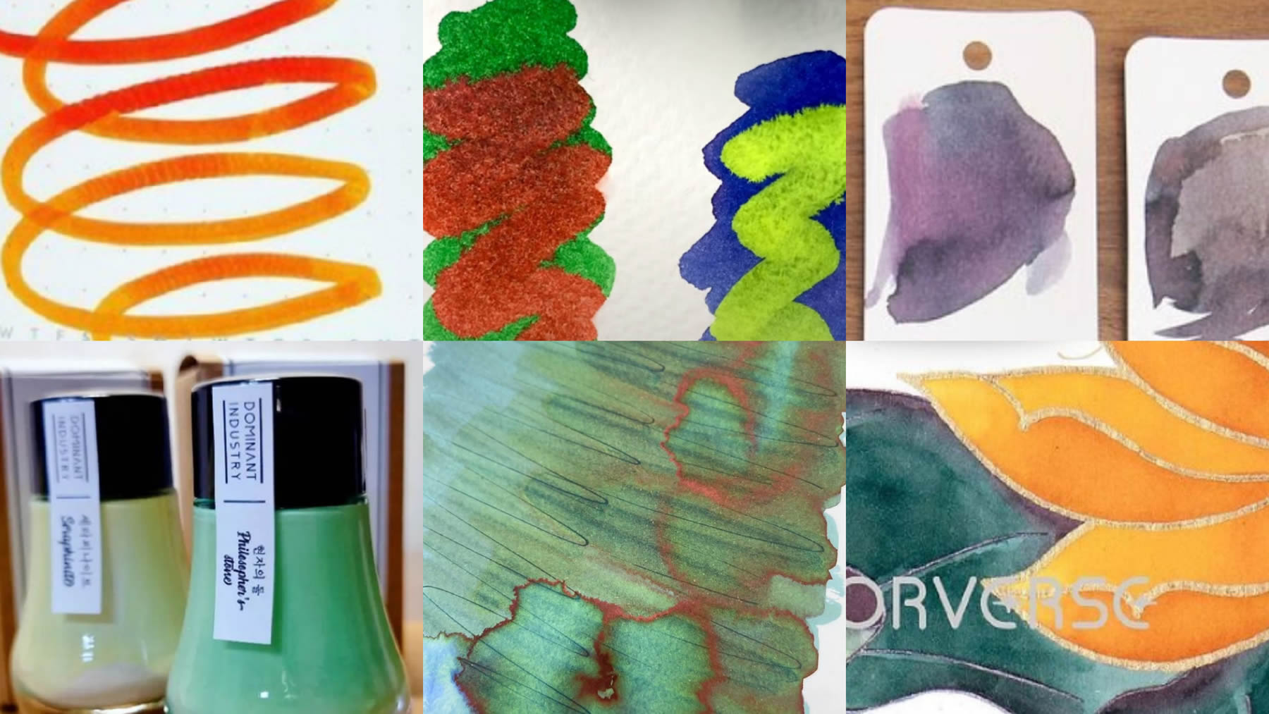 A collage of screenshots showing different ink swatches, ink painting, and bottles.