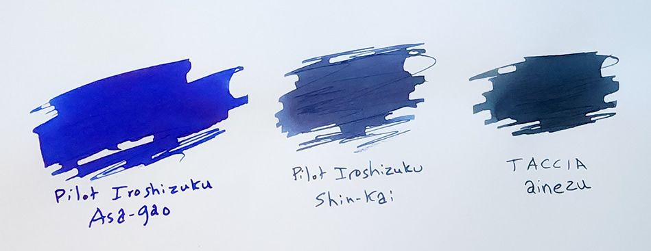 Ink swatches of Pilot Iroshizuku Asa-Gao, Pilot Iroshizuku Shin-Kai, and Taccia Ainezu.