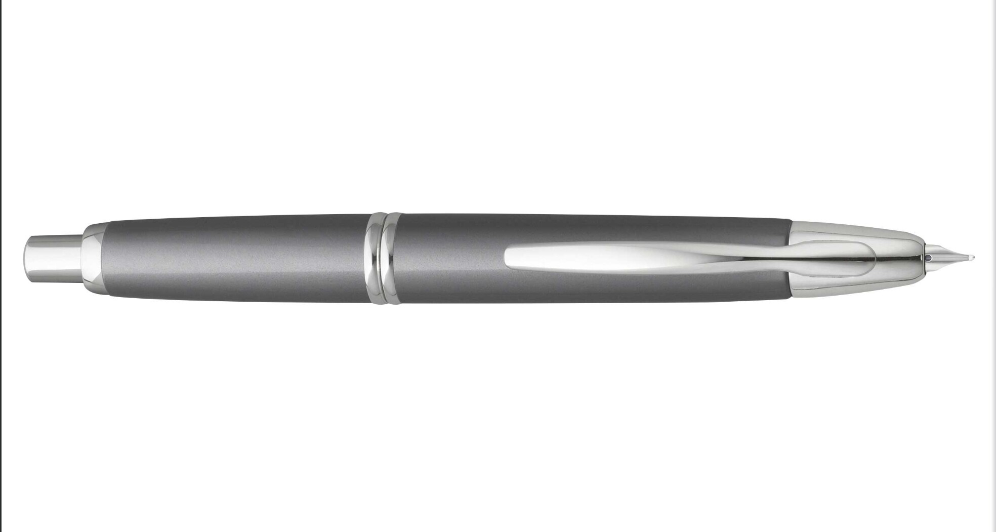 A gray Pilot Vanishing Point pen with silver trim, a capless design where the nib is hidden when not in use and the clip is toward the nib.