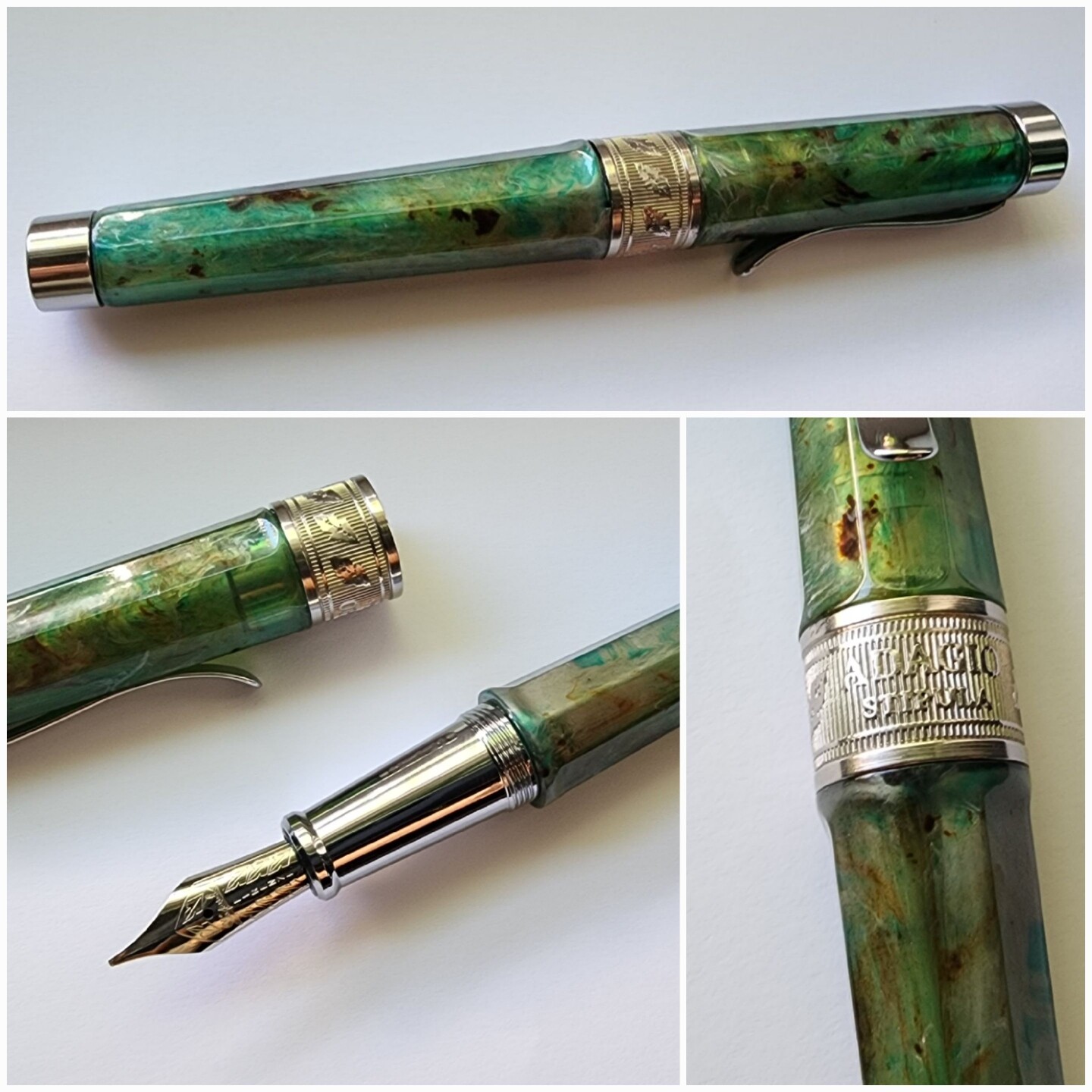 Multiple views of a Stipula Adagio Seaglass fountain pen with a stub nib. The pen has a translucent swirly material with green, blue, brown, and silver colors, a faceted barrel and cap, silver colored metal accents including a wide metal cap band with 'Adagio Stipula', vertical line texture and a ring of leaves.