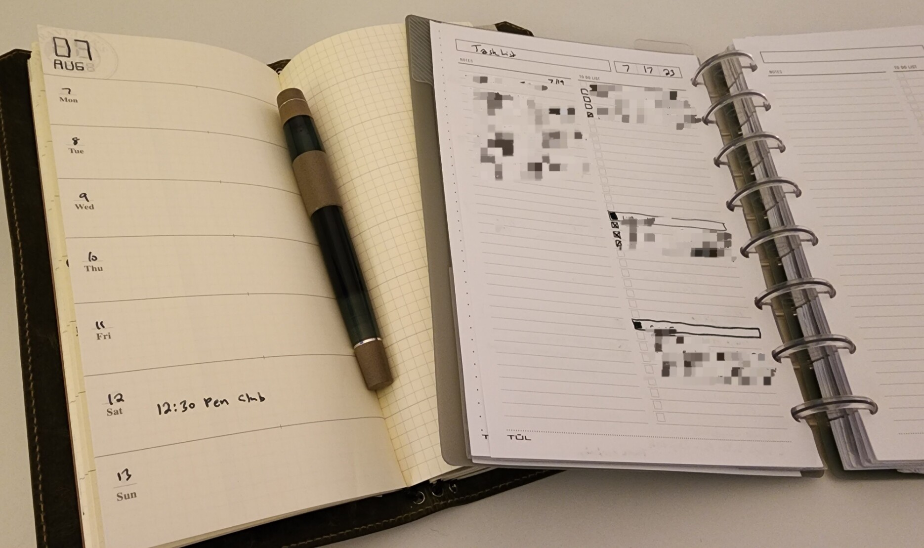 Future/redacted examples of the Traveler's weekly planner layout (017) in a Franklin-Christoph cover and a TUL discbound notebook with notes/to-do layout.