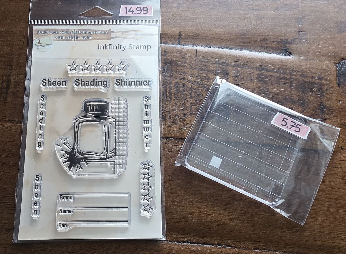 A set of clear stamps for swatching inks and a clear acrylic block from Happiness Handmade.