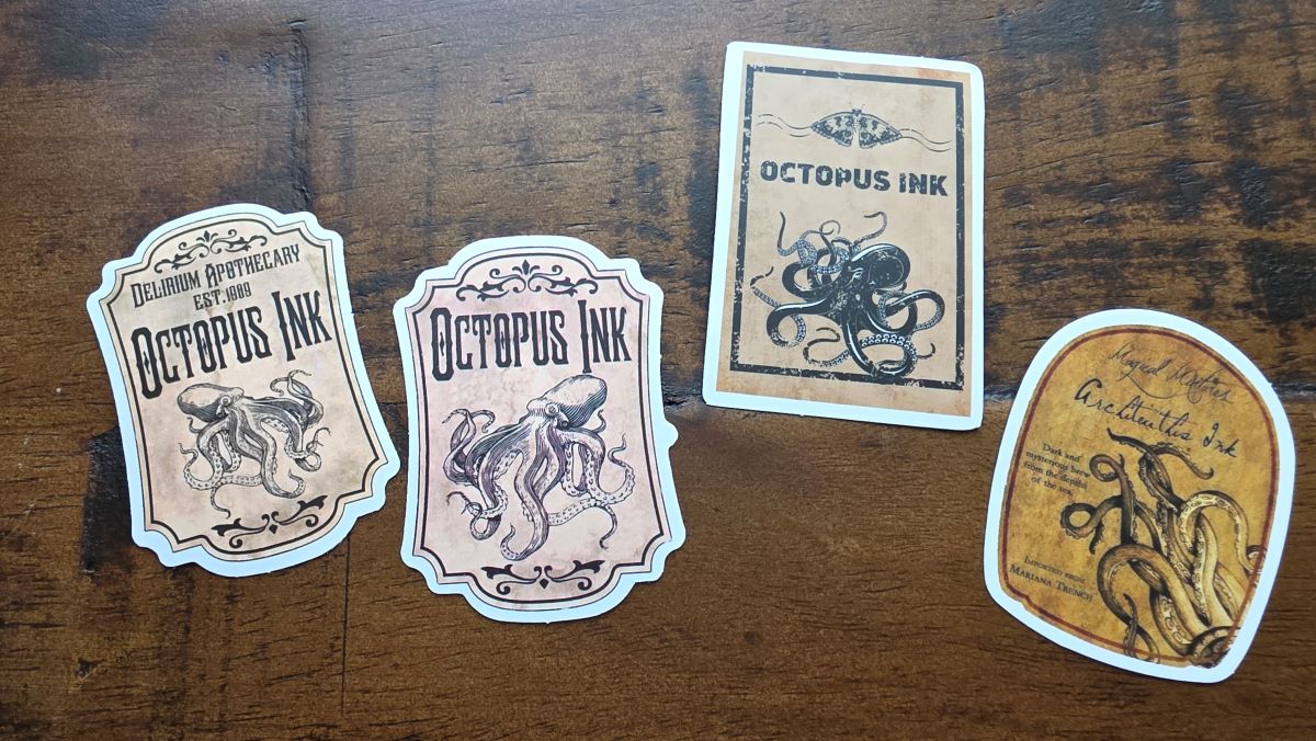 A selection of stickers with various octopus ink designs.
