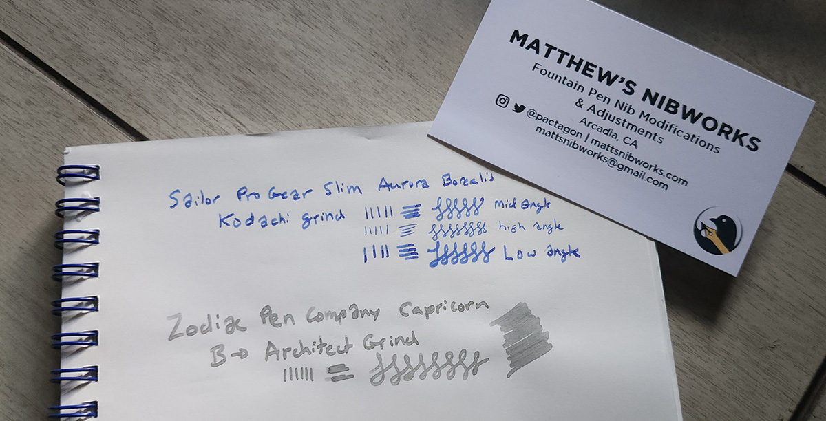 A business card for Matthew's Nibworks on a notebook page with writing tests for a Kodachi and an Architect grind.