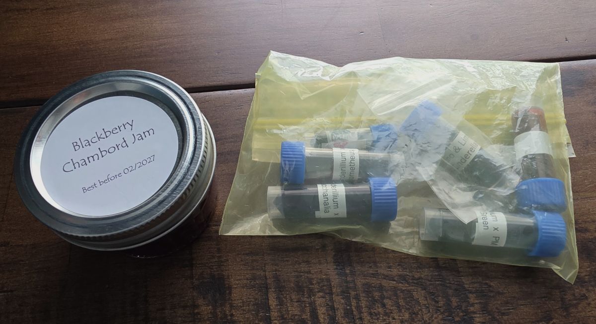 Yellow plastic bag with several ink vials and a small jar of homemade Blackberry Chambord Jam.