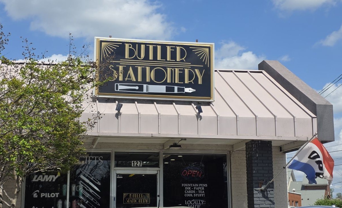 The storefront and sign for Butler Stationery in Columbia, TN.