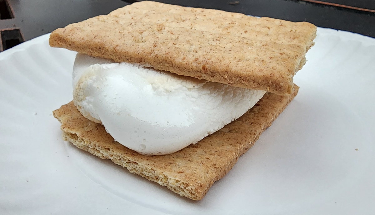 A puffy roasted marshmallow between two graham crackers on top of a paper plate.