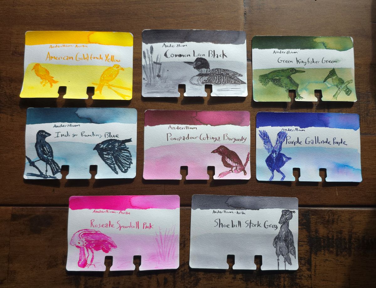 Col-o-dex ink swatch cards with sketches for Anderillium Avian series.