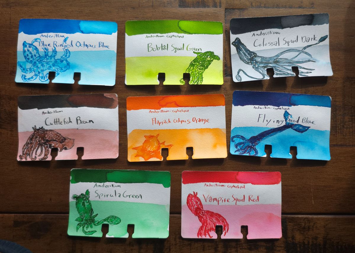 Col-o-dex ink swatch cards with sketches for Anderillium Cephalopod series.