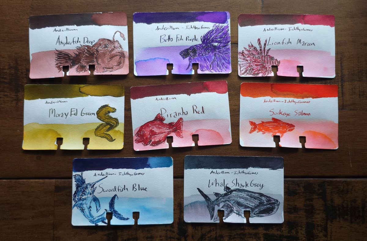 Col-o-dex ink swatch cards with sketches for Anderillium Ichthyoformes series