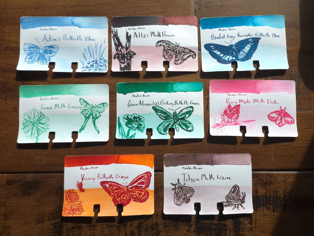 Col-o-dex ink swatch cards with sketches for Anderillium Lepidopteran series.