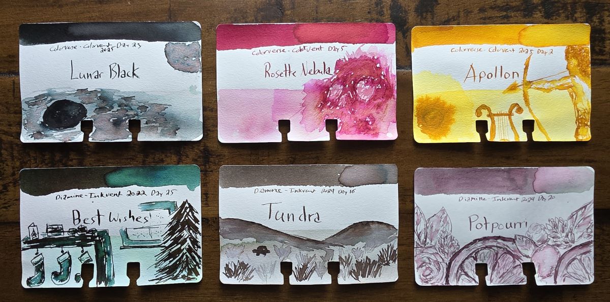 Three Col-o-dex cards with sketches from the Colorverse Colorvent inks including Lunar Black, Rosette Nebula, and Apollon and three from Diamine Inkvents representing Best Wishes, Tundra, and Potpourri.