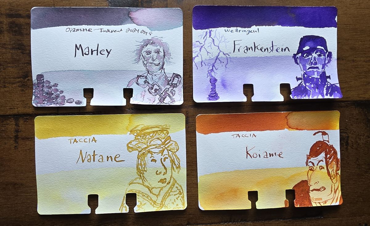 Four Col-o-dex cards with ink swatches and sketches that include faces including Diamine Marley, Wearingeul Frankenstein, Taccia Natane, and Taccia Koiame.