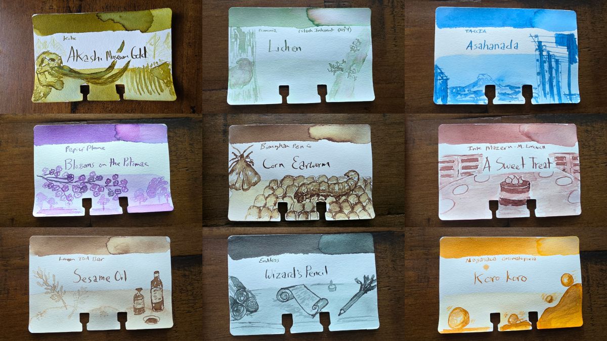 A collage of nine Col-o-dex cards with sketches for Kobe Akashi Museum Gold, Pennonia Lichen, Taccia Ashahanada, Papier Plume Blossoms on the Potomac, Birmingham Pen Co Corn Earworm, Ink Mazeru A Sweet Treat, Lennon Tool Bar Sesame Oil, Endless Wizard's Pencil, and Nagasawa Koro Koro.