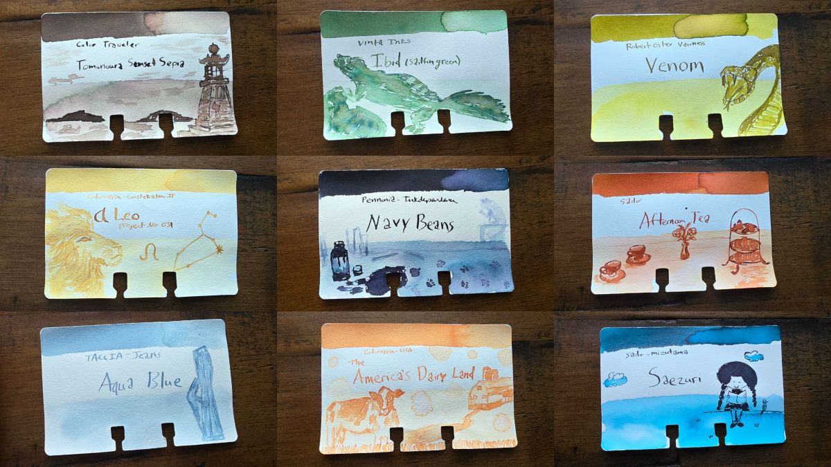 A collage of nine Col-o-dex cards with sketches for Color Traveler Tomonura Sunset Sepia, Vinta Ibid, Robert Oster Vanness Venom, Colorverse α Leo, Pennonia Inkdependence Navy Bans, Sailor Afternoon Tea, Taccia Jeans Aqua Blue, Colorverse America's Dairy Land, and Sailor Saezuri.