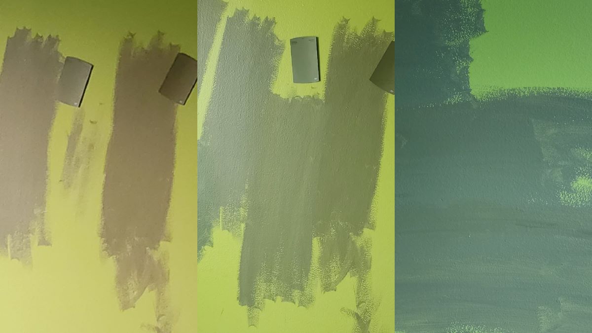 A collage of three images of green paint samples on a bright green wall in different lighting conditions that make the colors look either look more brown or more blue.