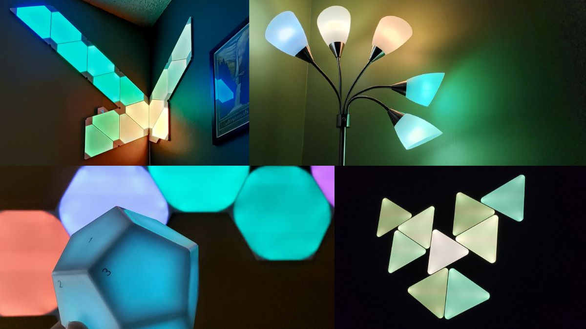 A collage of images showing a lamp with hue bulbs in multiple colors and RGB light panels in either triangle or hexagon shapes arranged into patterns on walls and showing a rainbow of light colors.