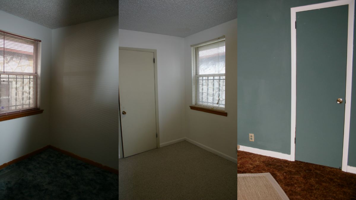 Collage of rooms with white painted walls, unpainted trim, poorly painted dusty blue wall with white trim, and old carpets.