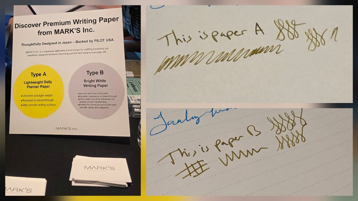 A collage of three images with the first being a sign describing two types of paper from MARK'S Inc. including a Lightweight Daily Planner Paper and a Bright White Writing Paper, the second being a writing test in green fountain pen ink on paper A, and the third showing a writing test on paper B.