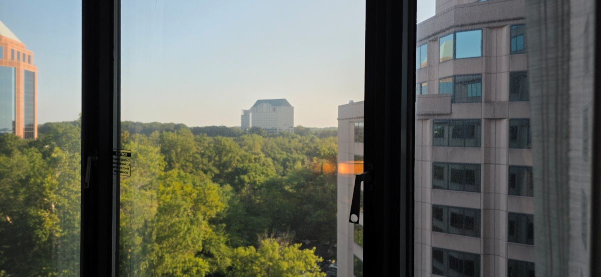 The view of tall buildings rising above the tops of green trees from a hotel room window on a high floor.