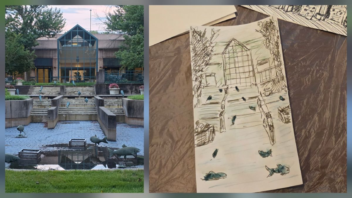 Collage of a photo of a large empty fountain with statues of salmon swimming up stairs toward part of the hotel building and a sketch of that scene with limited detail in gray brown ink with fish painted with dark blue-green ink and a light blue color where there would be water if the fountain was working.