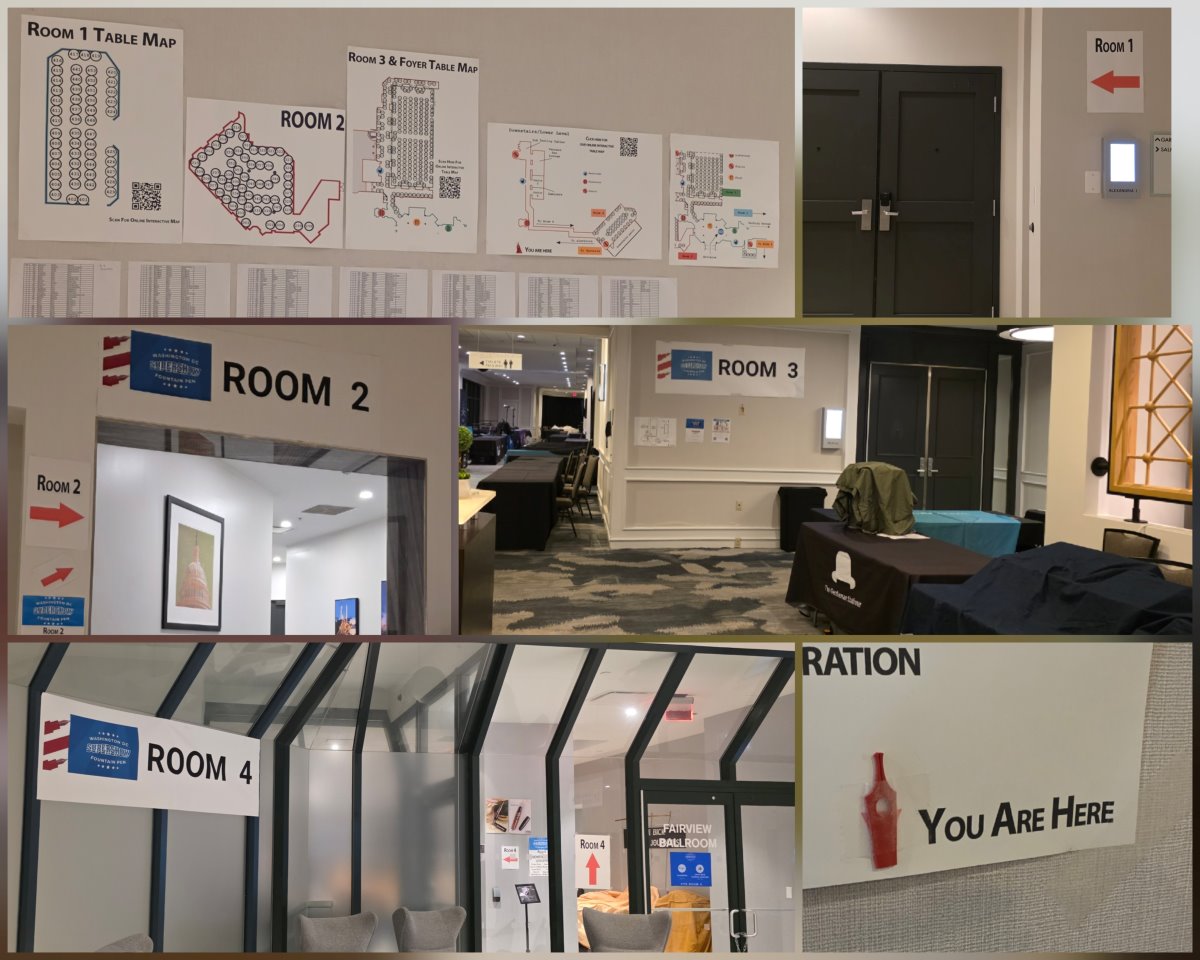 Collage of photos of the show hotel showing signage for the four vendor rooms, table maps, and the ink testing tables area.