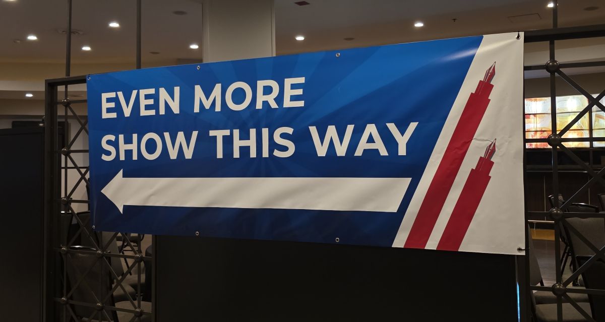 A large banner with an arrow pointing and text 'Even more show this way'