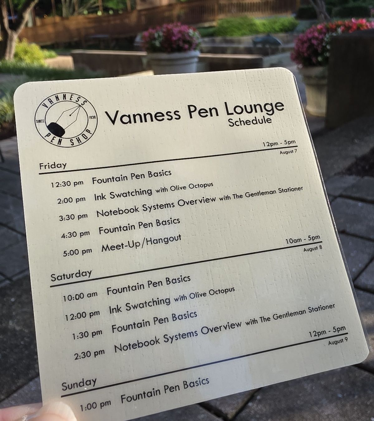 Pocket-size laminated schedule of free seminars about Fountain Pen Basics, Ink Swatching, and Notebook Systems in the Vanness Pen Lounge.