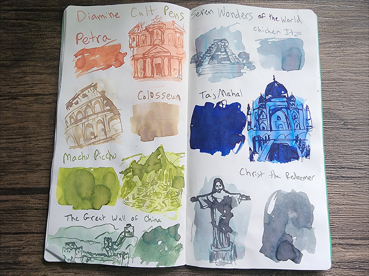 A journal spread of swatches and landmark sketches for the Cult Pens exclusive Diamine Wonders of the World inks: Petra (a medium orange red), Colosseum (parchment brown), Machu Picchu (spring green), The Great Wall of China (dark green), Chichen Itza (light blue/gray), Taj Mahal (vibrant dark blue), and Christ the Redeemer (medium cool gray).