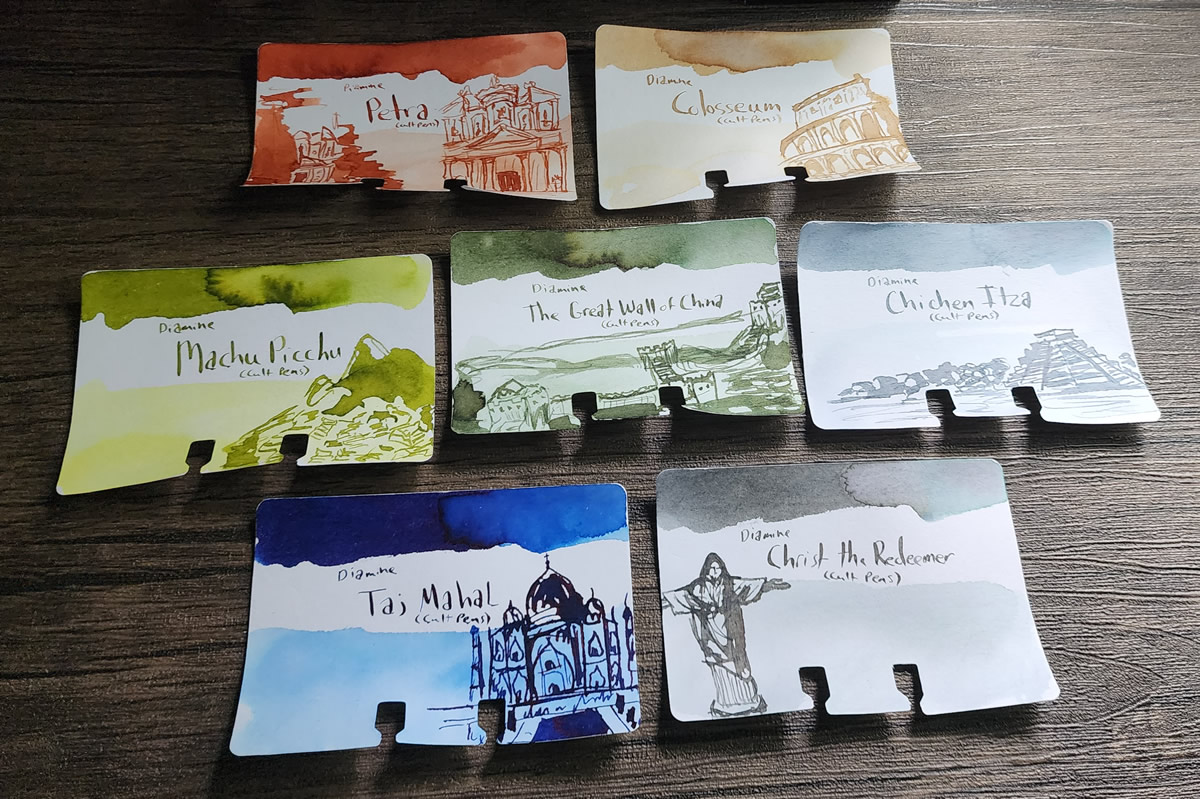 Col-o-dex cards with swatches and sketches for the Cult Pens exclusive Diamine Wonders of the World inks.
