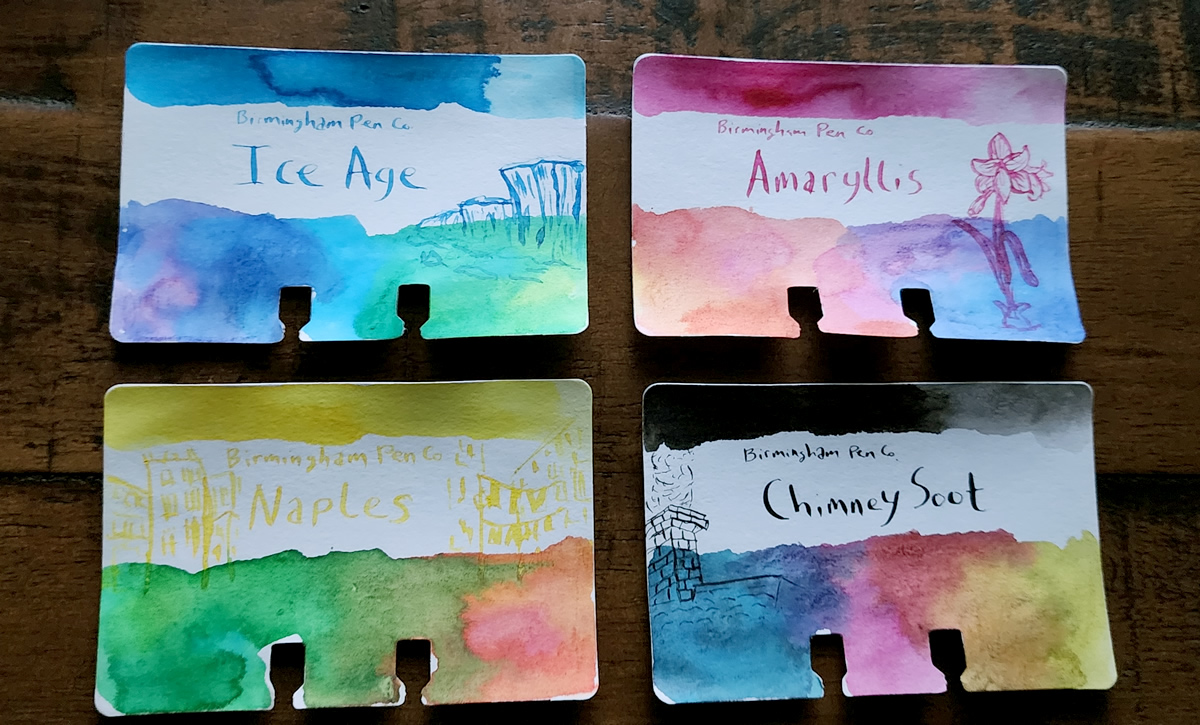 Four Col-o-dex cards with swatches, sketches, and color mixing examples for the Birmingham Pen Co. Ice Age, Amaryllis, Naples, and Chimney Soot inks.