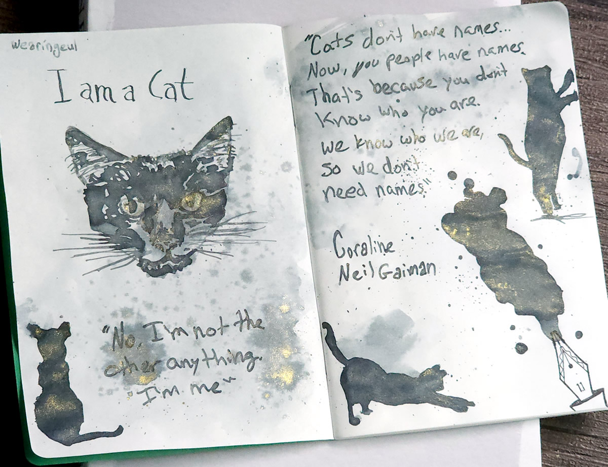 A journal page spread with quotes from the book Coraline by Neil Gaiman with cat silhouettes and a more detailed sketch of a cat face.