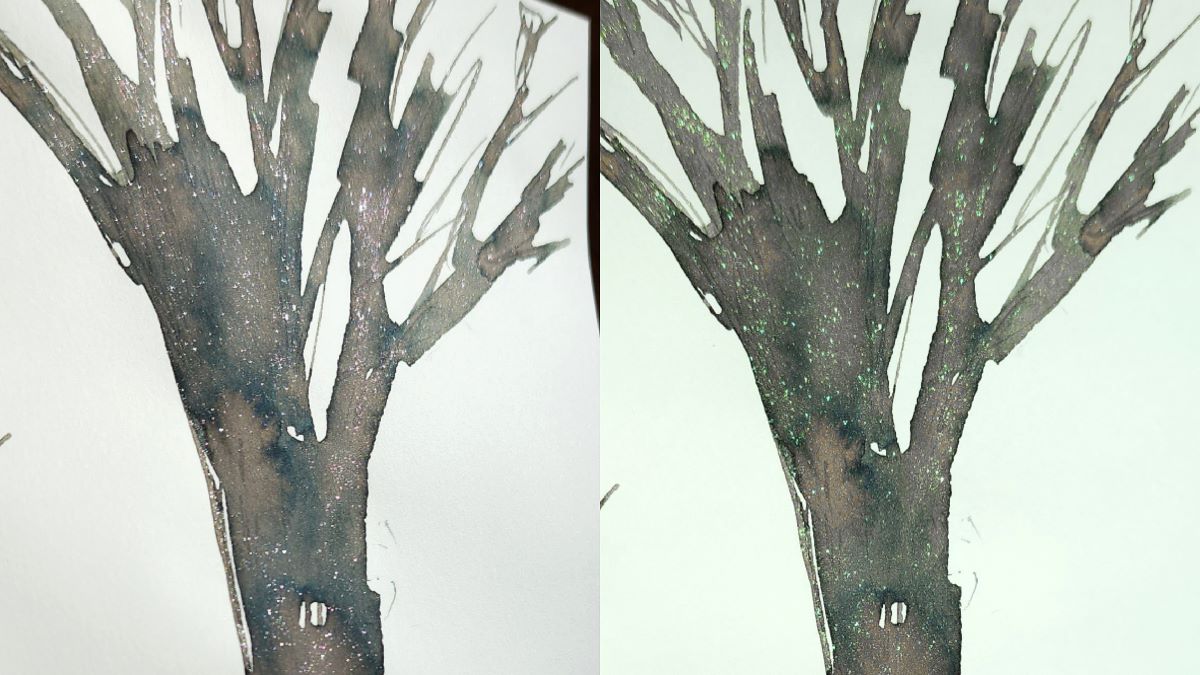 A side-by-side view of the same murky brown tree sketch with Diamine Wishing Tree, with the shimmer looking pink in one view and green in another.