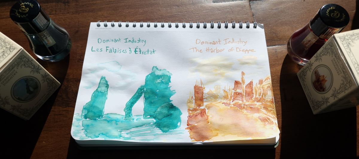 Two bottles of Dominant Industry ink and simple sketches of the artwork inspirations for the names, Les Falaises à Étretat which is a bright copper patina green with multi-color shimmer and The Harbor of Dieppe which is a yellow brown ink with multi-color shimmer.