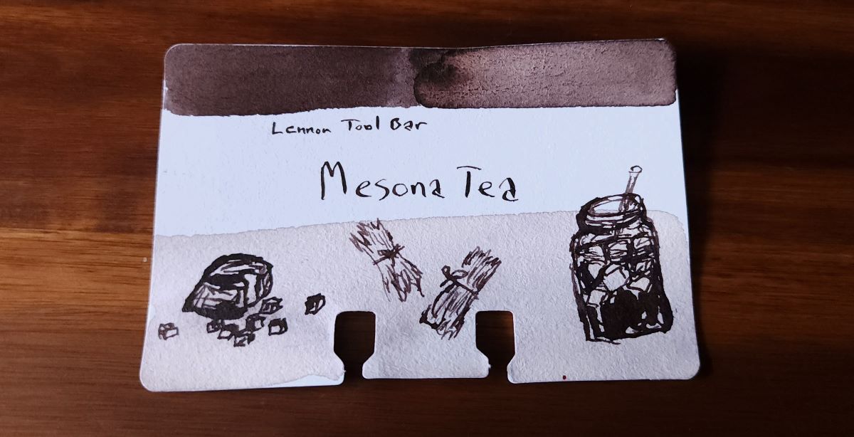 Col-o-dex ink swatch card for Lennon Tool Bar Mesona Tea, a warm gray brown, with sketch of Mesona Tea jelly cubes and a Mesona tea beverage in a jar.