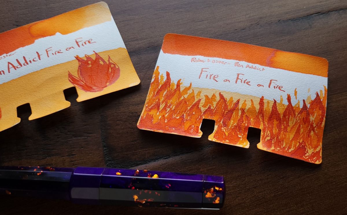 Col-o-dex ink swatch cards with sketches of fire for Robert Oster Pen Addict Fire on Fire, a vibrant red-orange ink and Pen Addict Fire on Fire on Fire, the same red-orange ink with added coppery shimmer.