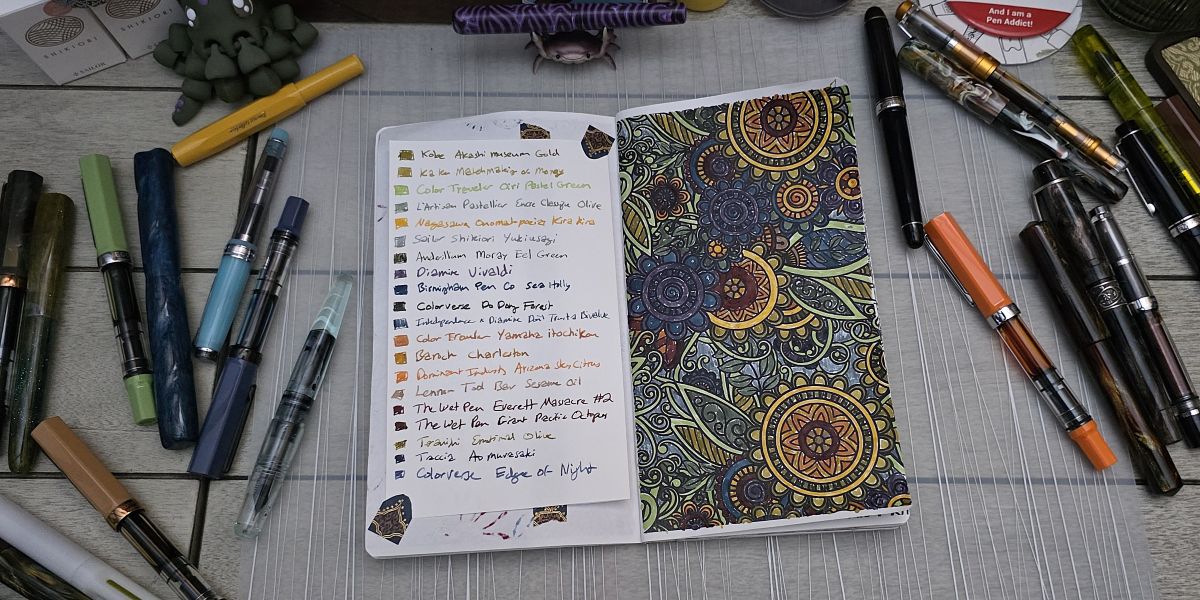 Floral coloring book page colored in with fountain pen ink with list of inks used and many fountain pens spread across a desk.