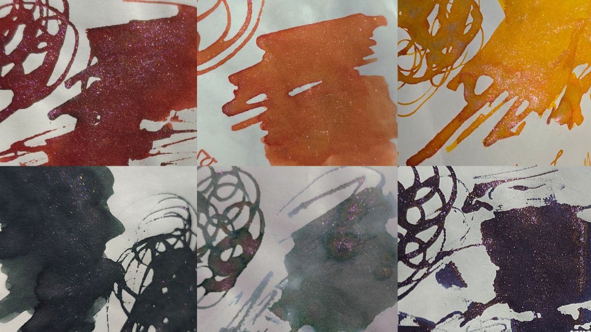 Collage of six different Colorverse inks mixed with the Morning Frost on Mars shimmer additive in shades of rich red, reddish orange, bright yellow, dark gray, chromashading light gray, and dark indigo black.