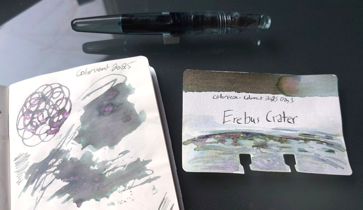 Swatch page and Col-o-dex card with sketch for Colorvese Colorvent Day 3 Erebus Crater ink, a complex chromashader with grays, blues, greens, purples, etc. next to a Franklin-Christoph P66 in Antique Glass material filled with the same ink.