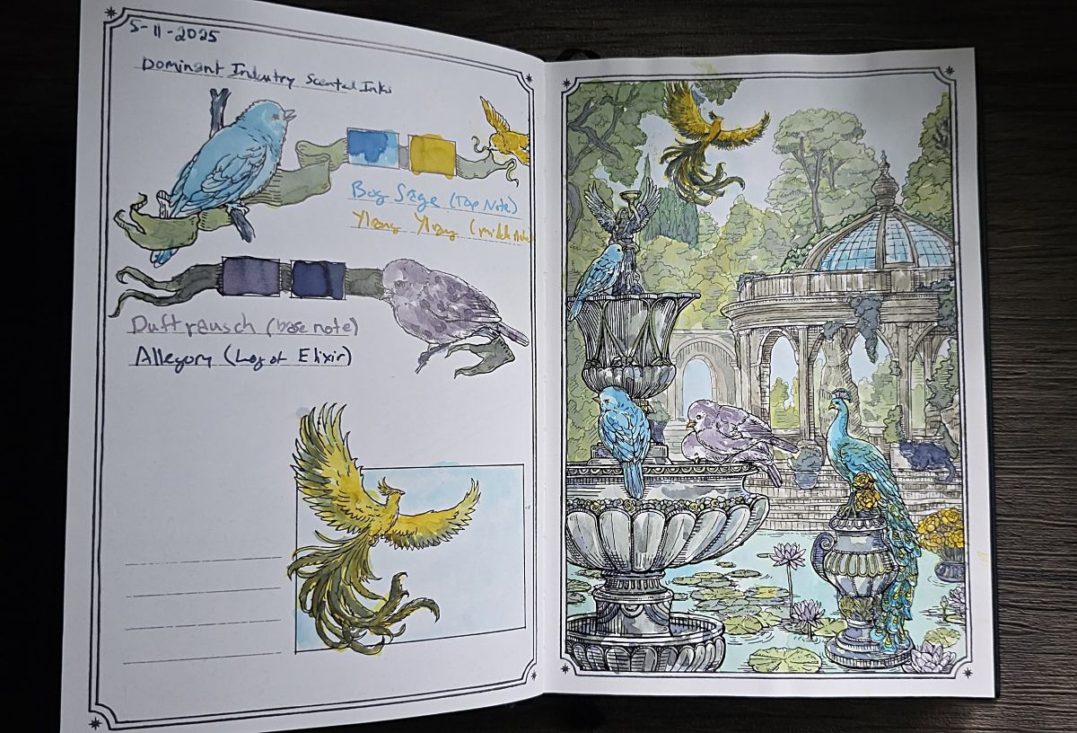 The Dominant Industry Ink Archiving Book: A Log of Elixir open to a page with a water garden filled with birds painted with Dominant Industry inks.