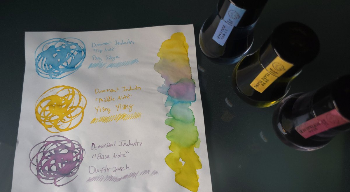 Glass bottles of Dominant Industry fountain pen ink for the light blue Bog Sage, the bright yellow Ylang Ylang, and the gray pink Druftrausch next to a page of Tomoe River with swatches of the inks.