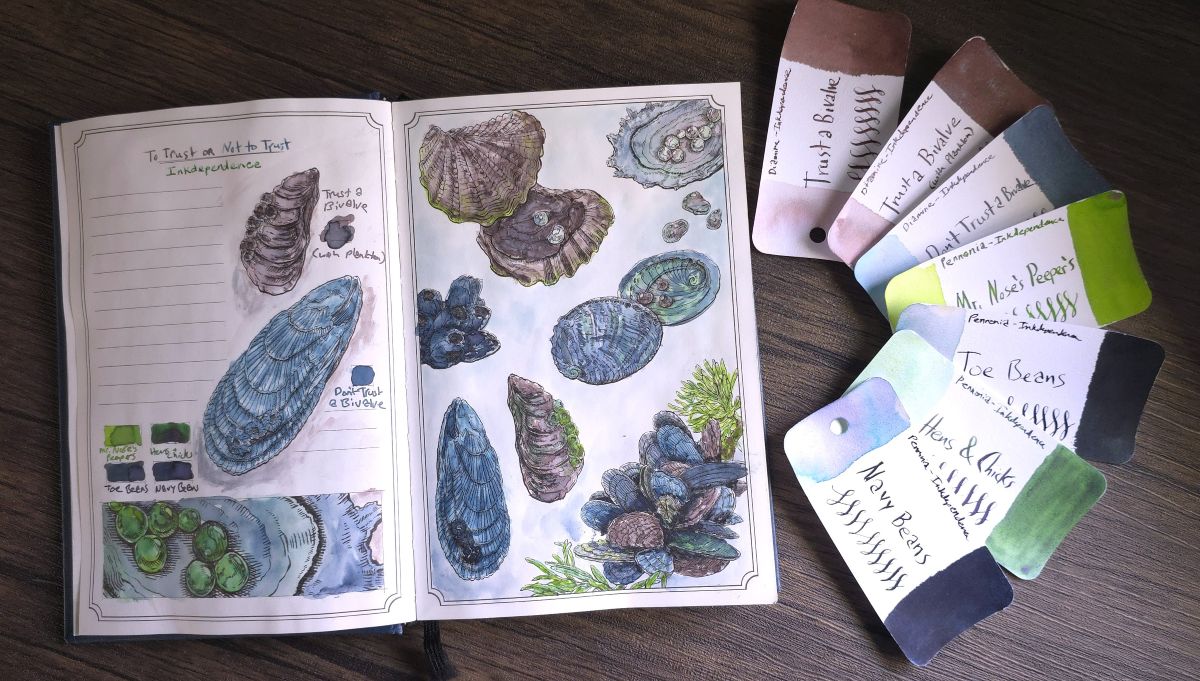A page featuring various bivalves painted with fountain pen ink in the Dominant Industry Ink Archiving Book: A Log of Atlantis book.