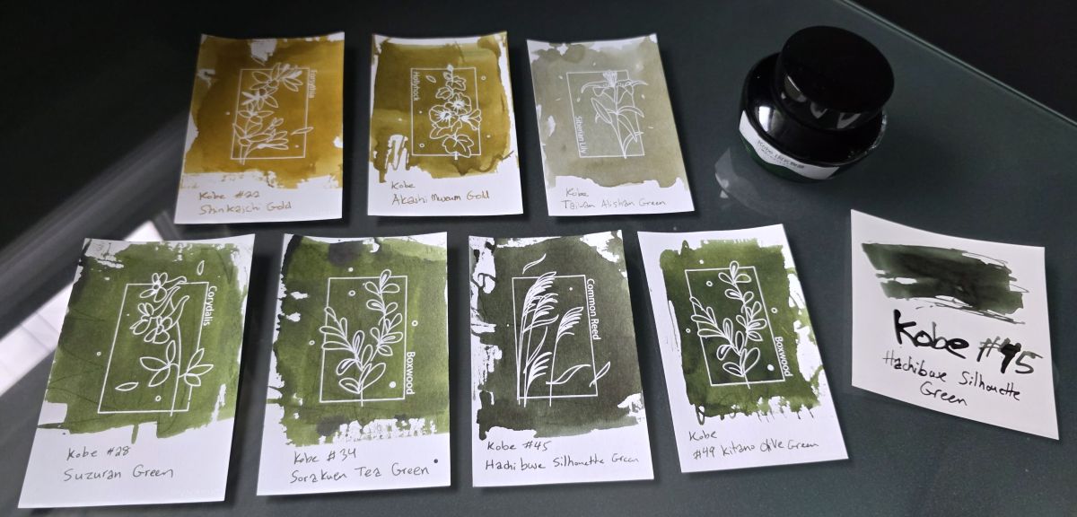 Seven Colorverse ink swatch cards with various plant and flower designs and swatches of different green Kobe inks, plus an extra swatch of the dark green black Kobe #45 Hachibuse Silhouette Green.