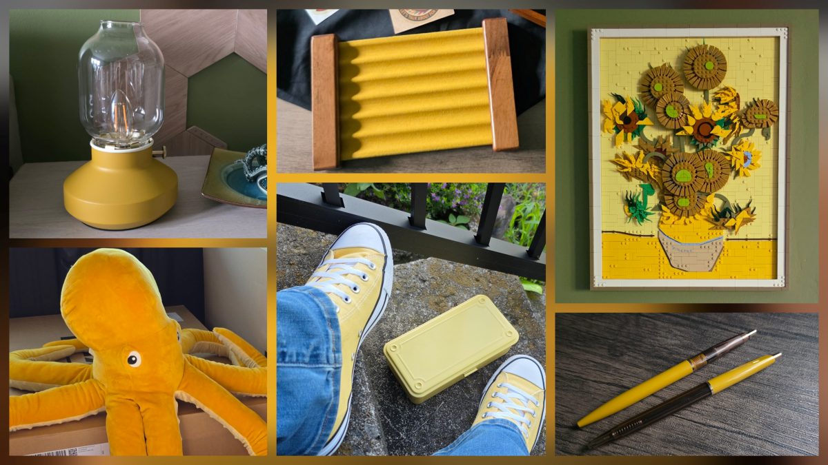 Collage of yellow items including a hurricane lamp, yellow octopus plush, six pen tray with wooden ends, Converse shoes, metal storage box, Van Gogh Sunflowers Lego, Anterique ballpoint pens in mustard yellow and clear amber.