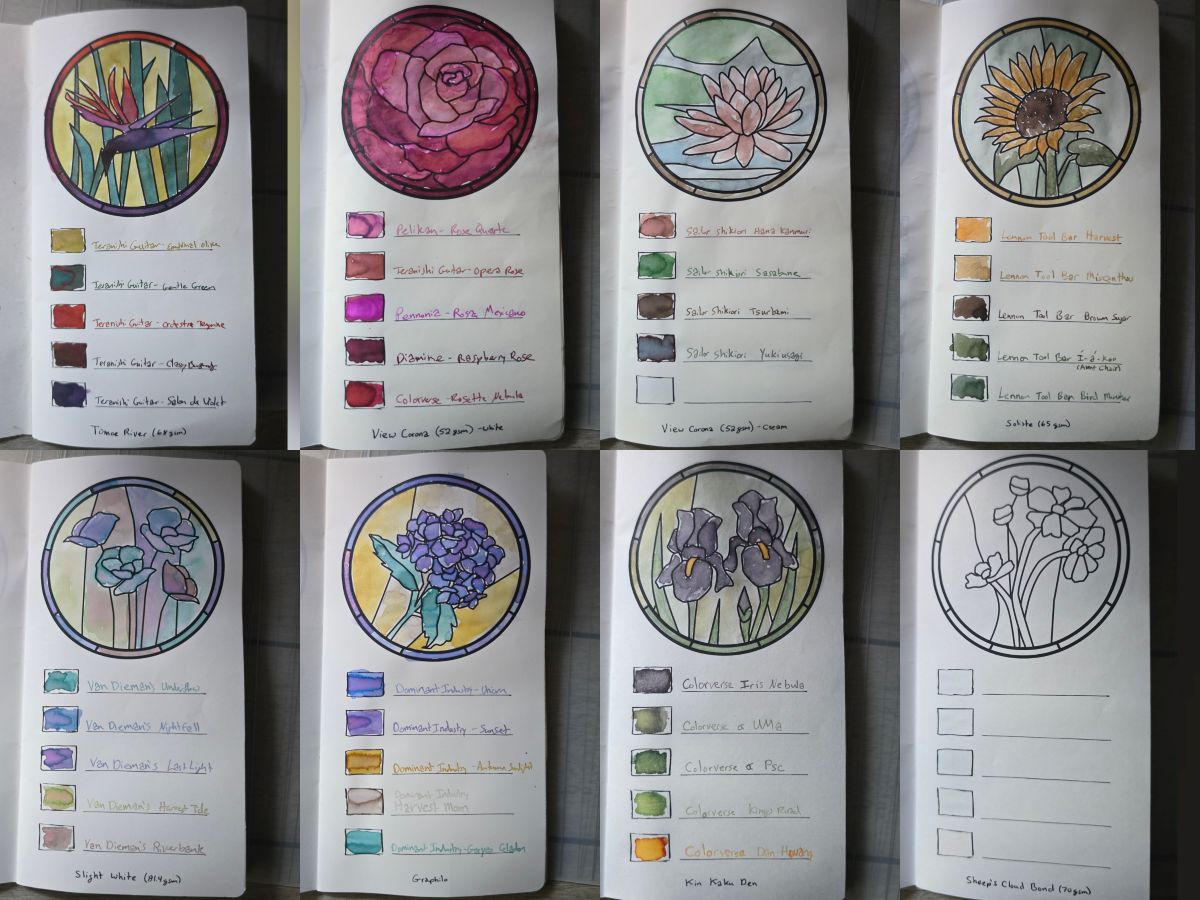 A collage of 8 pages in an A5 slim notebook with stained glass outlines of flowers painted in with fountain pen ink, labeled ink swatches below, and the name of 8 different papers at the bottom of each page.