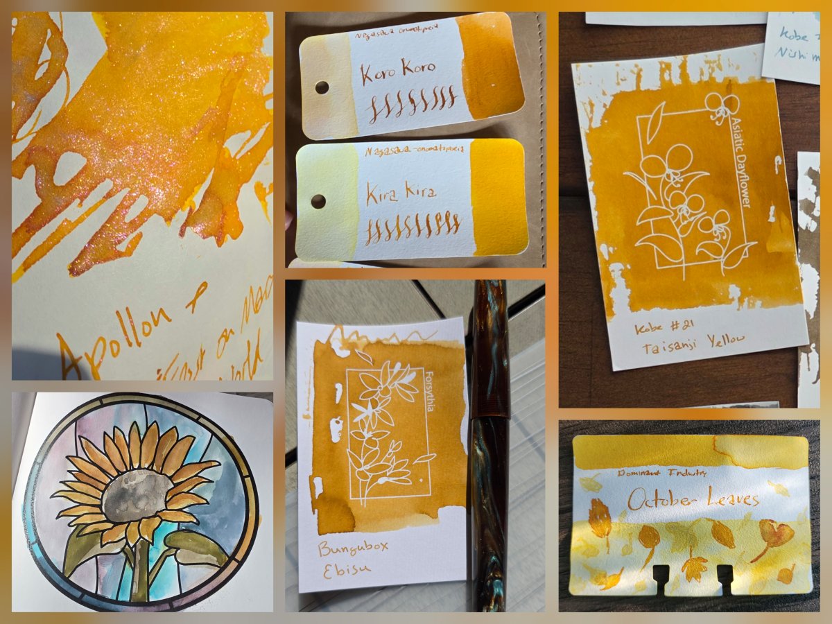 Collage of yellow ink swatch cards and paintings.